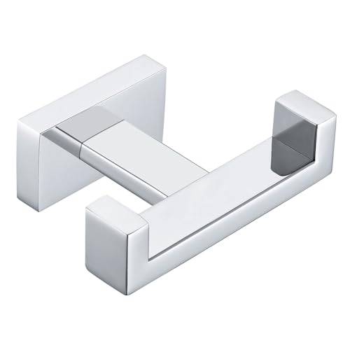 APLusee Square Double Towel Hook, 304 Stainless Steel Dual Coat Holder, Modern Bathroom Kitchen Storage Hanger Wall Mounted, Polished Chrome