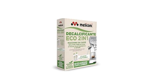 Meliconi Decalcificante Eco 2-in-1, Anticalcare per Macchina Caffè e Piccoli Elettrodomestici, Formula Naturale, Confezione Riciclabile, 2 Flaconi da 250ml per 4 Trattamenti