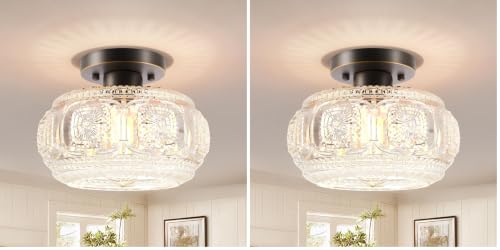 Image of Semi Flush Mount Ceiling Light, Globe Glass Ceiling Light Fixture, Oil Rubbed Bronze with Gold Trim Modern Lighting for Hallway Bedroom Entryway Kitchen Porch, Bulb Not Included (Pack of 2)