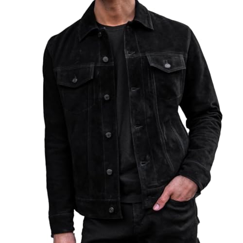 Image of Isaac & David Chicago Men's Vintage Trucker Suede Leather Jacket - Denim Biker Cafe Racer Causal Western Cowboy Jacket