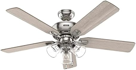Hunter 52 inch Indoor Ceiling Fan with LED Lights and Pull Chain - Standard Mount Ceiling Fan, 5 Blades, For Bedroom, Living Room, or Kitchen, 3 inch Downrod - Rosner 51596, Brushed Nickel