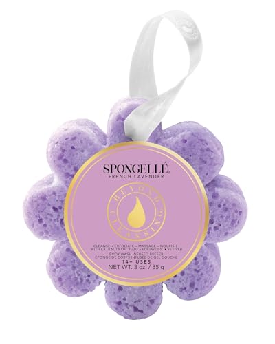 Spongell French Lavender Wild Flower Bath Sponge | Built-in Body Wash & Body Scrubber Shower Loofah Sponge for Women | 14+ uses