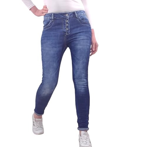 Jewelly Damen Stretch Jeans| Boyfriend Hose mit sichtbarer Knopfleiste| Dunkle Used Denim Waschung (Dark Blue, S) Jewelly Damen Stretch Jeans| Boyfriend Hose mit sichtbarer Knopfleiste| Dunkle Used Denim Waschung (Dark Blue, S)