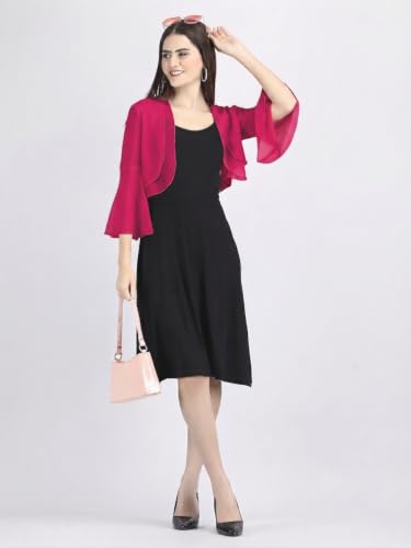 Image of AOL Women's Cropped Layered Lightweight Sheer Three-Fourth Bell Sleeves Georgette Open Neck Shrug Bolero