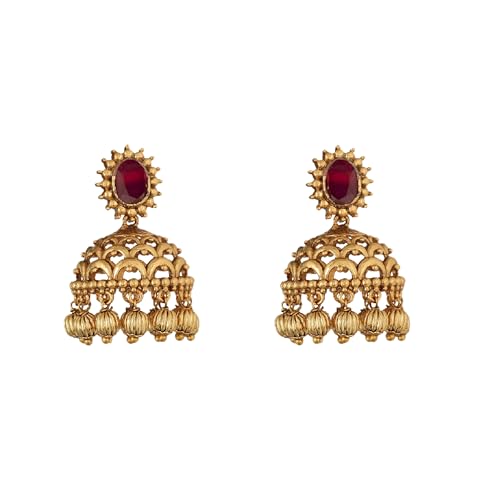 TARINIKA Antique Gold-Plated Indian Jhumka Earring for Women Brass CZ Temple Design Desi Dangle Jewelry Wedding Jewelry Ethnic Occasion Gift for Her