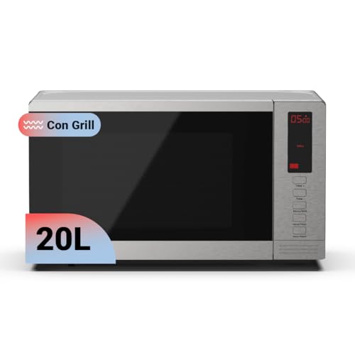 UNIVERSALBLUE Microondas Acero Inoxidable | Grill | 700W de potencia | Capacidad 20L | Temporizador | Función descongelar | 5 potencias | Easy Clean