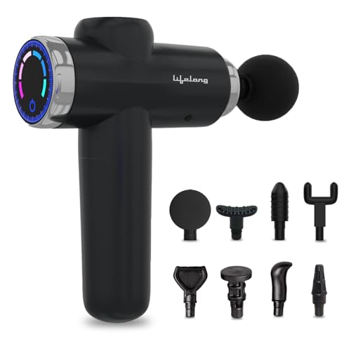 Lifelong Gun Massager for Pain Relief with 8 Massage Heads & LCD Touch Display - Battery Powered - Deep Tissue Massage with 6 Speed Settings for Percussion for Full Body (LLGM171B, Black)