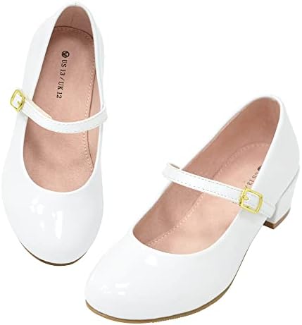 LseLom Girls Dress Shoes-Mary Jane Shoes for Girls Low Heel Princess Hook and Loop Dance Shoes Party Wedding Flats White Pearl US 4 for Big Girls
