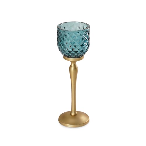 Image of Pure Home Teal Diamond Cut Hurricane - Small | Size: 9X9X21CM | Premium Hurricanes for Home Decor | Table Top & Shelf Decor Showpiece | Ideal for Diwali & Festive Gifting | Perfect for Living | Pack of 1