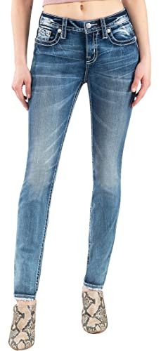 Miss Me Women's Mid-Rise Metallic Border Embellished Skinny Jeans with Freyed Hem2