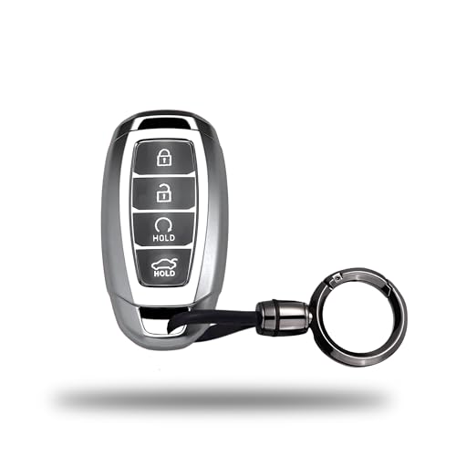 Image of SIAGO TPU Key Cover and Round Keychain Compatible for Hyundai Verna 2023 Car 4 Button Smart Key (Grey)