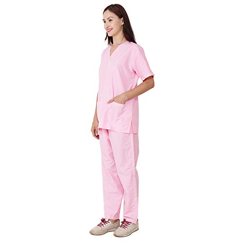 Image of RANK Women's Poly Viscose Scrub Suit for Nurses | Ot Surgical Hospital Medical Lab Scrub Uniform for Student Doctor and Dentist Size - XS (Pink)