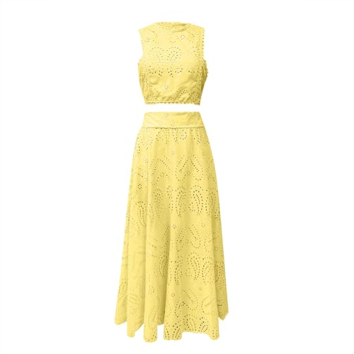 HGps8w Womens 2 Piece Outfits Boho Lace Hollow Crop Halter Tank Top with Maxi Skirts Trendy Vacation Sets with Pockets4