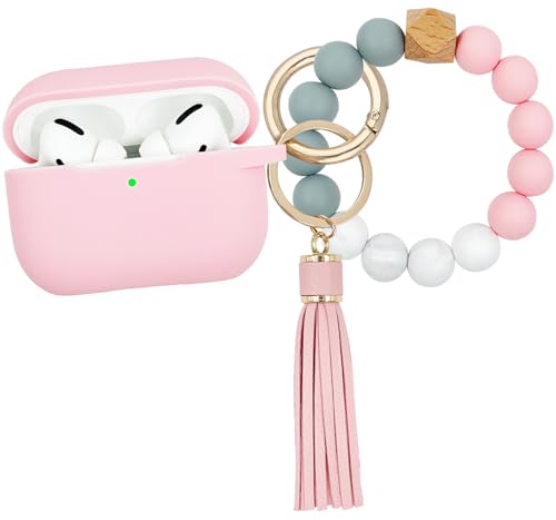 Koujaon Compatible with Airpods Pro Soft Silicone Case Cover with Bracelet Keychain for Apple Airpod Pro 1st Generation Case for Women (Pink)