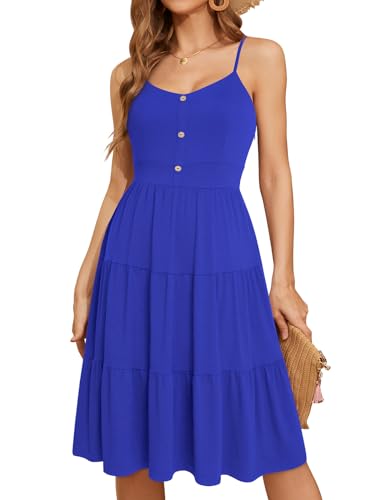 Image of YATHON Sundresses for Women Casual Summer Beach Sleeveless Spaghetti Strap Dress Button Down Ruffle Flowy Pleated Dresses