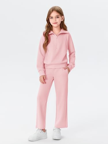 Image of Haloumoning Girls 2 Piece Outfits Sweatsuit Half Zip Long Sleeve Sweatshirts Sweatpants Tracksuit Sets 5-14 years