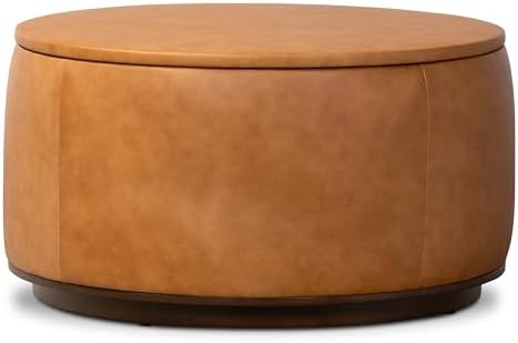 Poly & BARK Herve Storage Ottoman – Round Italian Full-Grain Leat...