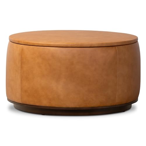 Image of Poly & BARK Herve Storage Ottoman - Round Italian Full-Grain Leather Ottoman with Hidden Storage - Solid Wood Base in Walnut Finish - Cognac Tan