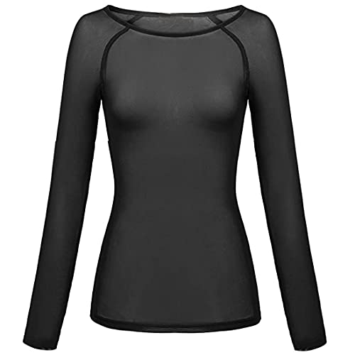 VisSec Crop Top Sexy Mujer Camiseta Transparente de Mujer Top Blusa Ajustada de Manga Larga Tops Cortos T Shirt Slim Chic Clubwear Casual Noche de Cuello Redondo Alto Bodycon Elástico,S-3XL