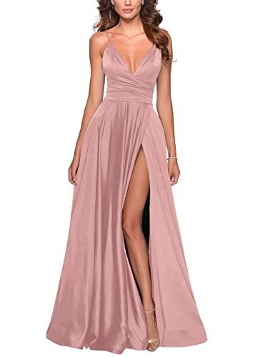 Image of Tvuyet Satin Bridesmaid Dresses with Slit Pleated A Line Spaghetti Straps Formal Prom Evening Gowns