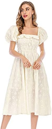 R.Vivimos Women's Casual A-Line Print Square Neck Puff Sleeve Dress Hem High Waist Midi Fitted Dress Vacation Dress