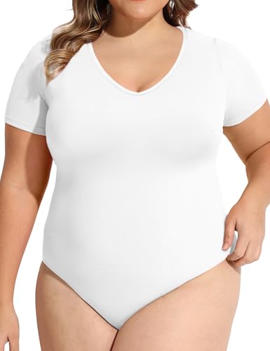 Image of COOTRY Plus Size Short Sleeve Bodysuits for Women V Neck Body Suit Tops Basic One Piece Bodysuit T Shirt