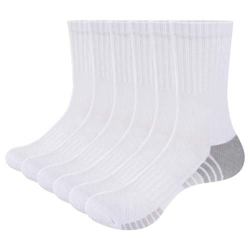 YUEDGE Mens White Cushioned Crew Socks Moisture Wicking Cotton Training Athletic Socks for Men Size 10-13, 6 Pairs