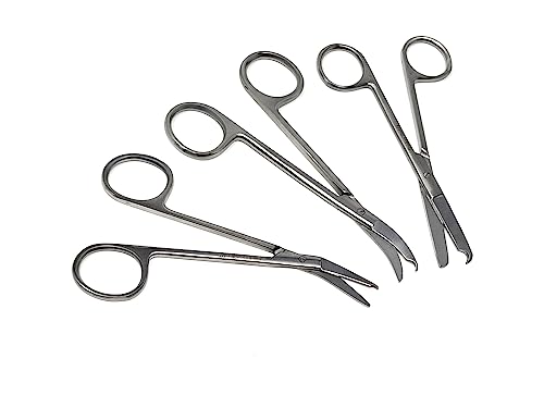 Image of Set of 3 Suture Stitch Scissors 4.5 inch, Straight Curved Angled with Crescent Delicate Hook- Perfect for Suture Removal, First Aid, EMS Training and More