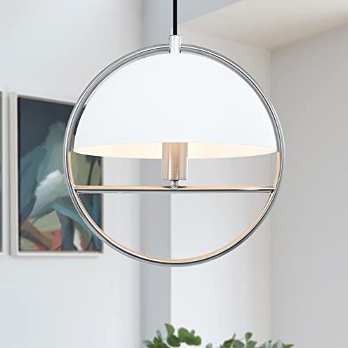 BISAMIYA Contemporary Pendant Lighting Fixture, Brushed Nickel Ring and Dome Metal White Shade, Adjustable Height Ceiling Hanging Lamp, for Kitchen Island, Living Room, Bedroom