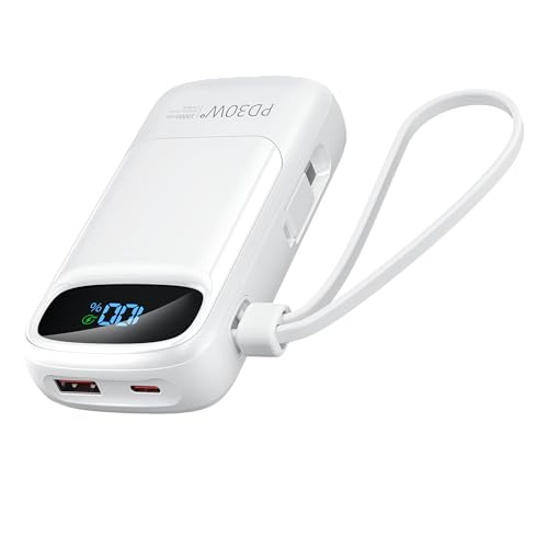 Portable Charger Power Bank with Built in Cable (30W In&Out), USB C Power Bank Fast Charging 10000mAh 3 Outputs LED Display, Small Travel Battery Pack for iPhone 15 Samsung Motorola Google Tablet