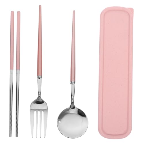 VANZACK 304 Stainless Steel Chopsticks Fork Spoon Set Compact Travel Cutlery Kit Camping Utensil Set Pink Silverware Portable for Adults