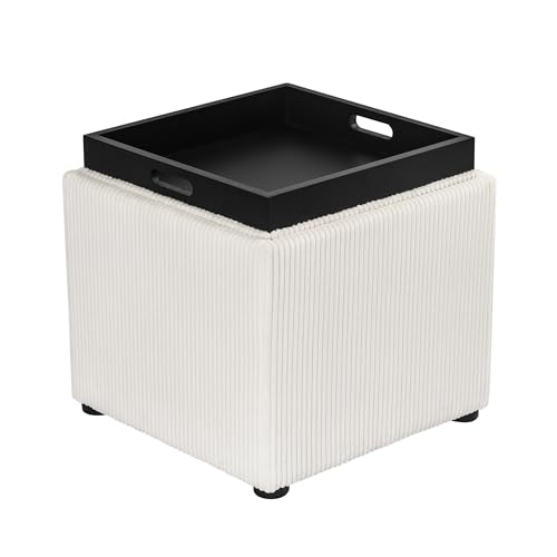 Adeco 17" H Beige Corduroy Storage Ottoman Cube with Tray Lid, White Small Footstool with Storage, Square End Table for Living Room & Bedroom