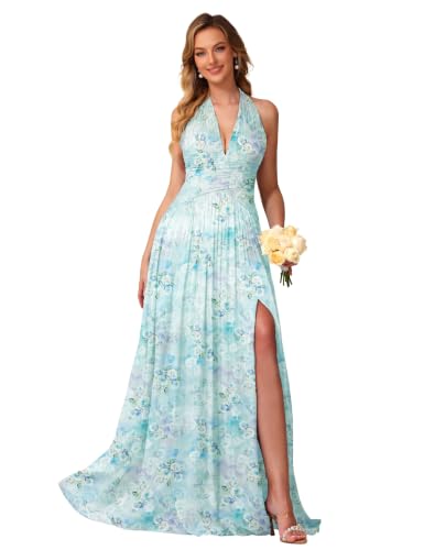 Image of Shimmer Chiffon Bridesmaid Dresses for Women Long | Deep V Neck,Pleated,Knotted,Empire Waist,with Slit,Breathable,Lightweight,Flowy,Formal Evening Dress