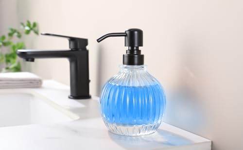 Image of Round Soap Dispenser Bathroom with Black Pump, Glass Pump Bottle with Stainless Steel Pump Liquid Sphere Soap Dispenser Circular Countertop Kitchen