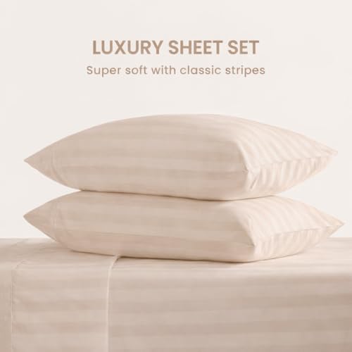 Image of Double Size Bedsheets for Single Bed 600 TC - Cotton Elastic Fitted Sheet (48 x 78 Inches) with 10 Inch Drop- Color Taupe Stripe [ Fitted Sheet with 2 Pillow Cover]