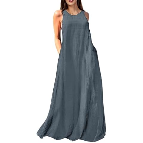 Mingyuezai Women's Sleeveless Linen Maxi Dress Casual Long Dresses with Pockets(Z3019BU,2XL) Cover