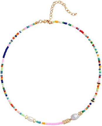 Wellike Colorful Beaded Necklace for Women Freshwater Beaded Pearl Choker Necklace Evil Eye Pearl Necklaces for Teen Girls Stainless Steel 18K Gold Plated Necklace Y2K Trendy Pearl Necklace Women