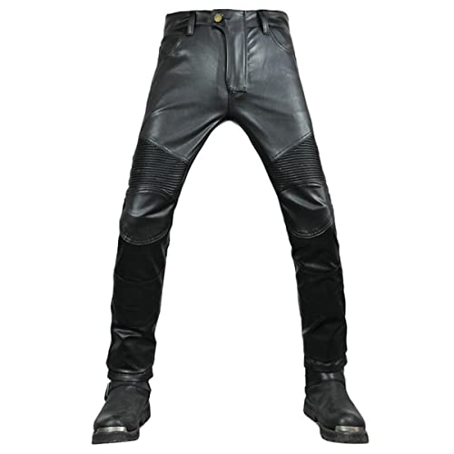 ORANDESIGNE Pantaloni da Moto da Uomo Estate Touring in Pelle per Moto da Crociera con Protezione Motociclista CE Armor Nero E Nero XL