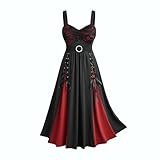 Womens Gothic Sleeveless Midi Dress Halloween Ruffled Lace Up Sling Dresses Trim Patchwork Vinatge Fashion Outfits S-2XL Red