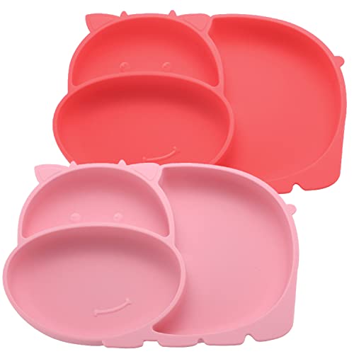 Image of LongDear Suction Plates for Baby,Toddler Plates with Suction,Silicone Divided Kids Placemat Fits Most Highchair Trays (Pink & Red)