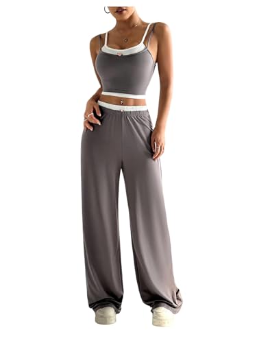 Verdusa Women's 2 Piece Color Block Outfits Spaghetti Strap Cami Crop Top and Pants Set Grey Large