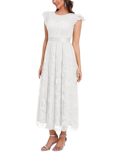 Women's Casual Tulle Midi Dress Ruffle Sleeve Crewneck Lace Flowy Dresses Party Wedding Guest Sundress3