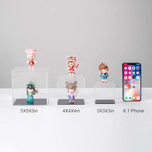 Image of 5x5x5Inch Acrylic Simple Self-Assembly Display Box with Black Base | Removable Figures Toys Props Display Riser Stand, Cube Countertop Decorative Storage Box for Collectibles Home Organization