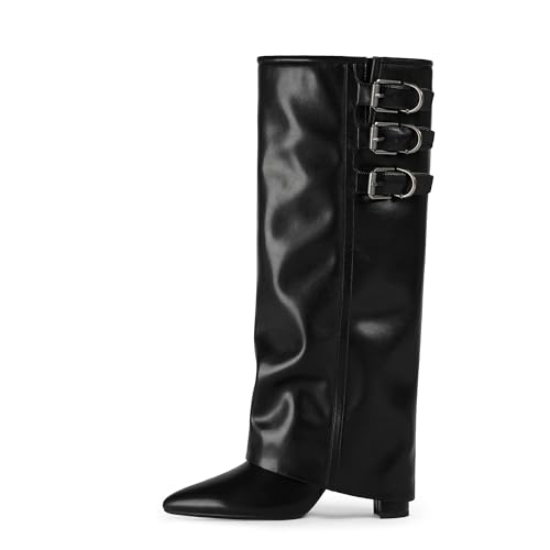 Modatope Knee High Boots Women Fold Over Knee High Boots Chunky High Heels Long Boots Zipper Pointed Toe Dress Tall Boots for Women