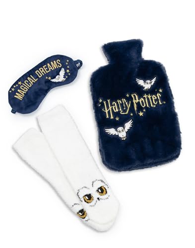 Harry Potter Hedwig Navy Hot Water Bottle with Eye Mask & Socks | Fluffy Relaxation Set for Warmth & Sleep | Magical Dreams Design | Unisex Adults | Harry Potter Merch