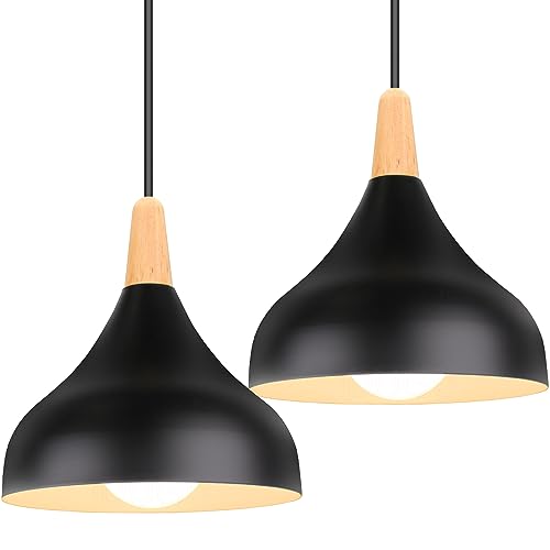 iDEGU Set of 2 Retro Pendant Ceiling Lights Modern Drop Style Hat Lampshade E27 Ceiling Light Retro Light Fixture in Metal Wood Pendant Lamp for Bedroom Dining Room