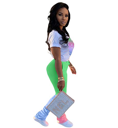Casual 2 Piece Outfit Sets for Women Color Block Short Sleeve T-Shirts + Stacked Flare Pants Tracksuit Sweatsuit2