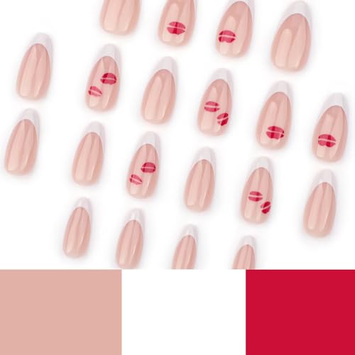 Image of French Tip Lip Print False Nails - Medium Almond Glossy Artificial Acrylic Full Cover Stick on Nails for Women's Valentine's Day Manicure
