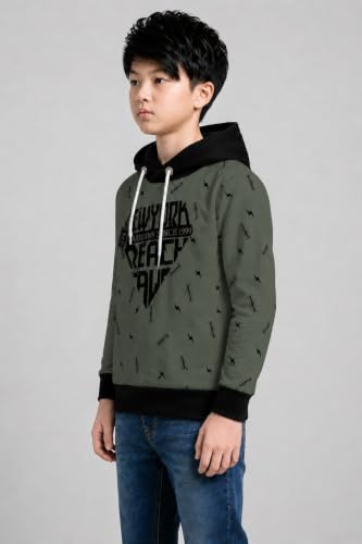 Image of TICOSS Kids Boys & Girls Hooded Neck Full Sleeves Typography Printed T Shirt, Olive Green, Pack of 1