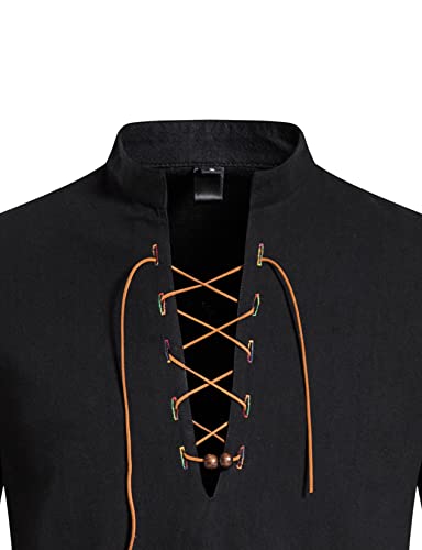 LucMatton Herren Retro Schnürung Mittelalter Kostüm Hemden für Halloween Cosplay Wikinger Pirat Steampunk Vampir Renaissance Gothic Viktorianische Kleidung Schwarz Mittel